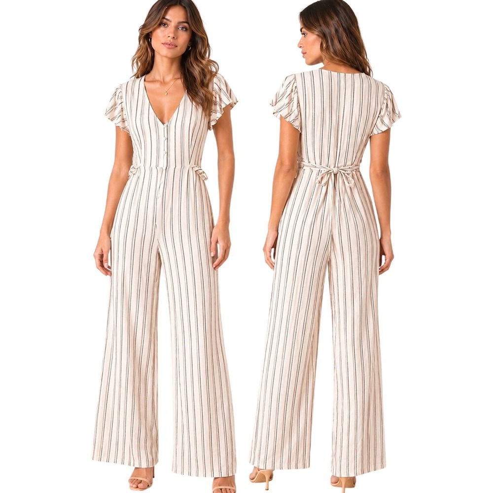 Cotton Candy LA Women Beige Striped Jumpsuit Small V-Neck Short‎ Sleeve Tie Back